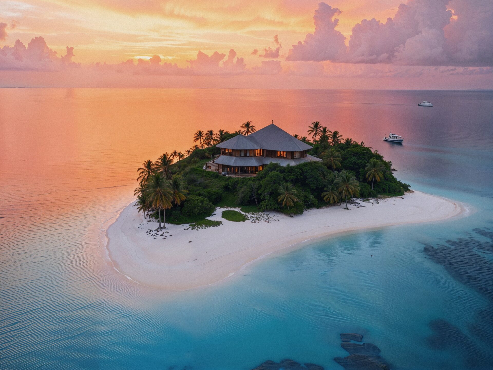 Drohnenaufnahme einer kleinen Privatinsel mit weissem Sandstrand, Palmen und beleuchteter Luxusvilla bei orangerosafarbenem Sonnenuntergang, umgeben von türkisblauem Wasser und zwei Yachten in der Ferne