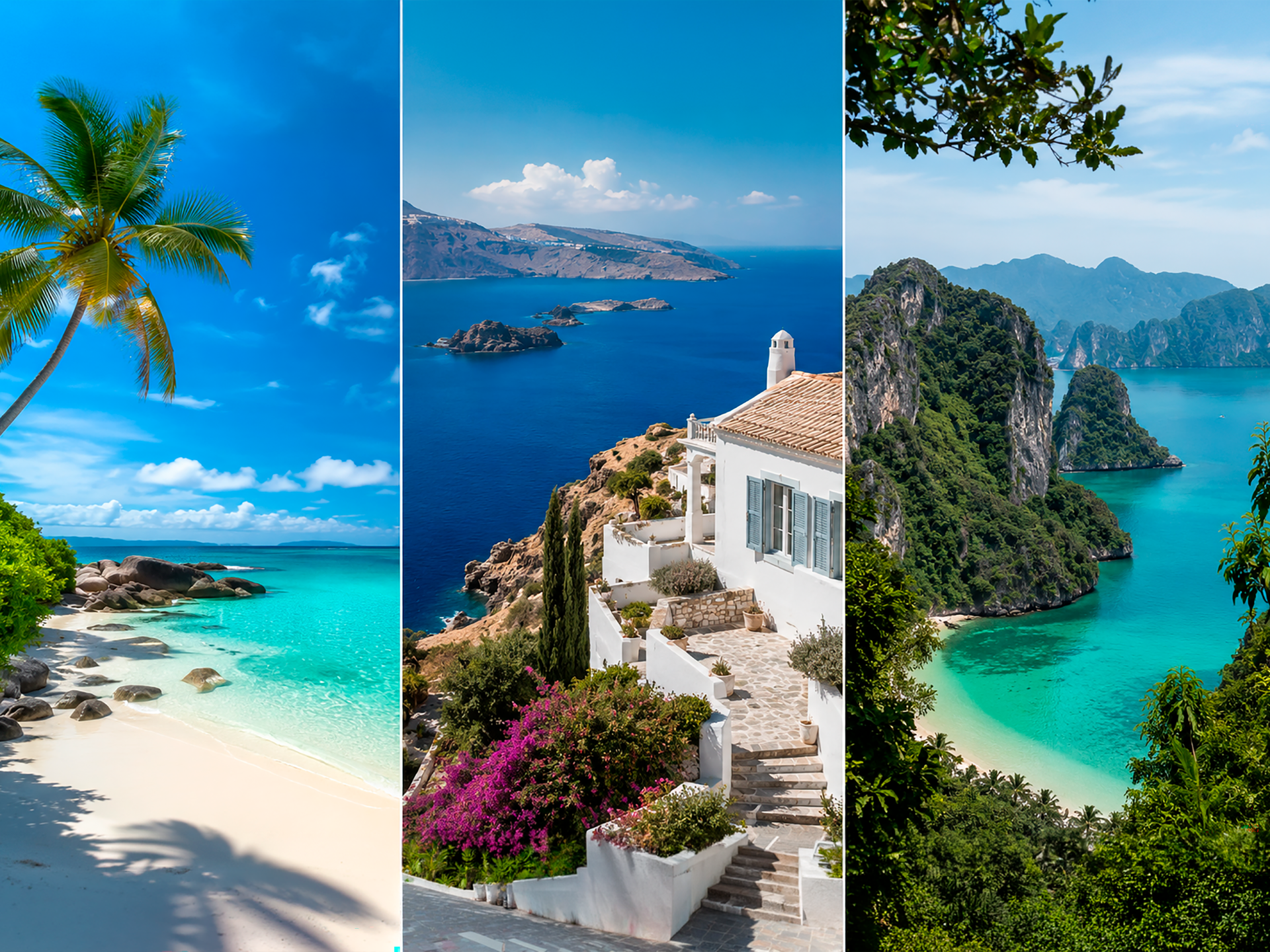 Dreiteilige Collage mit einem tropischen Strand mit Palmen und türkisem Wasser, einer mediterranen Küstenvilla mit Bougainvillea-Blüten und Meeresblick sowie einer südostasiatischen Bucht mit grünen Kalksteinfelsen – Vergleich der Kaufregionen im ISLA AURUM Blog