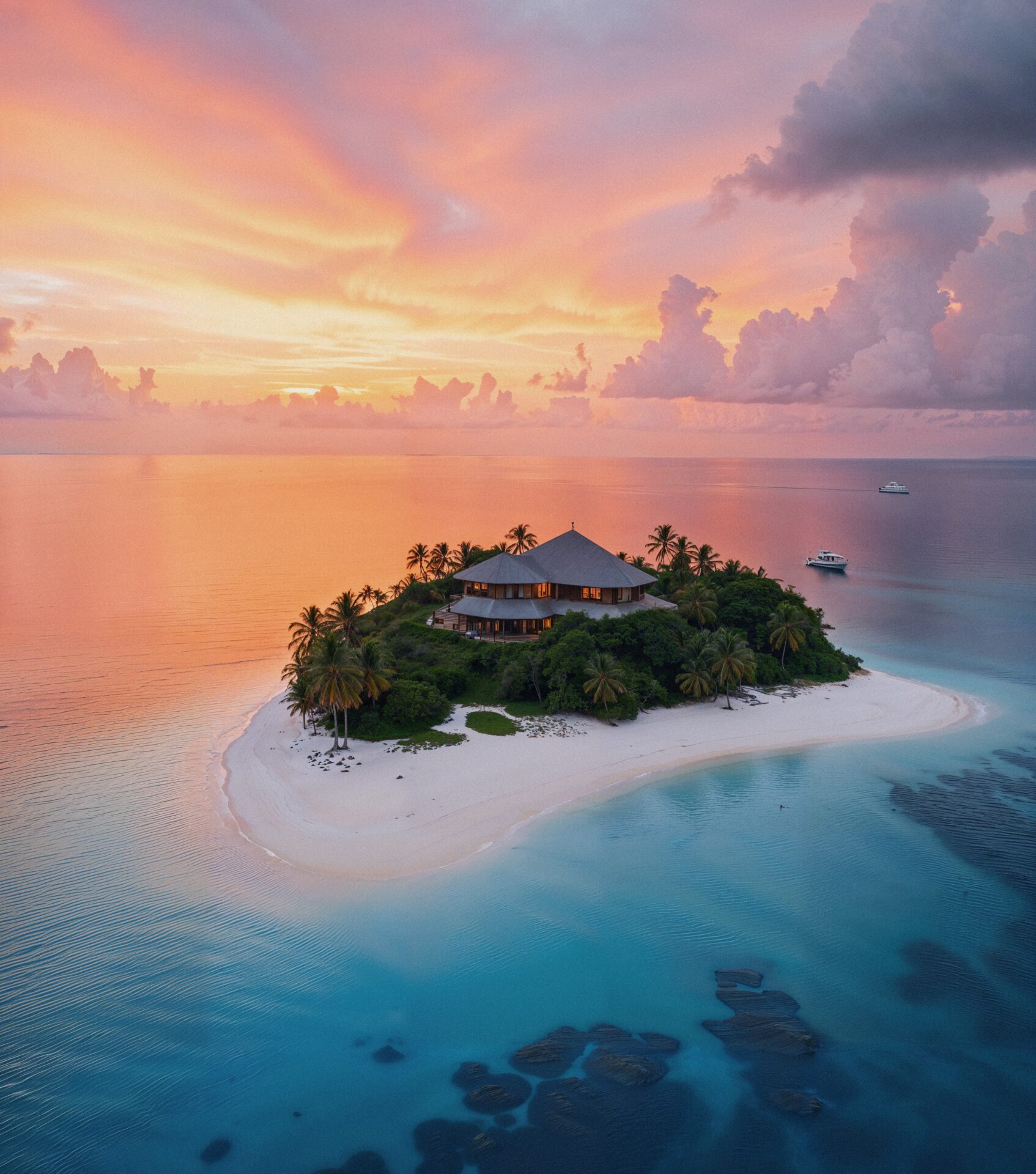 Drohnenaufnahme einer kleinen Privatinsel mit weissem Sandstrand, Palmen und beleuchteter Luxusvilla bei orangerosafarbenem Sonnenuntergang, umgeben von türkisblauem Wasser und zwei Yachten in der Ferne